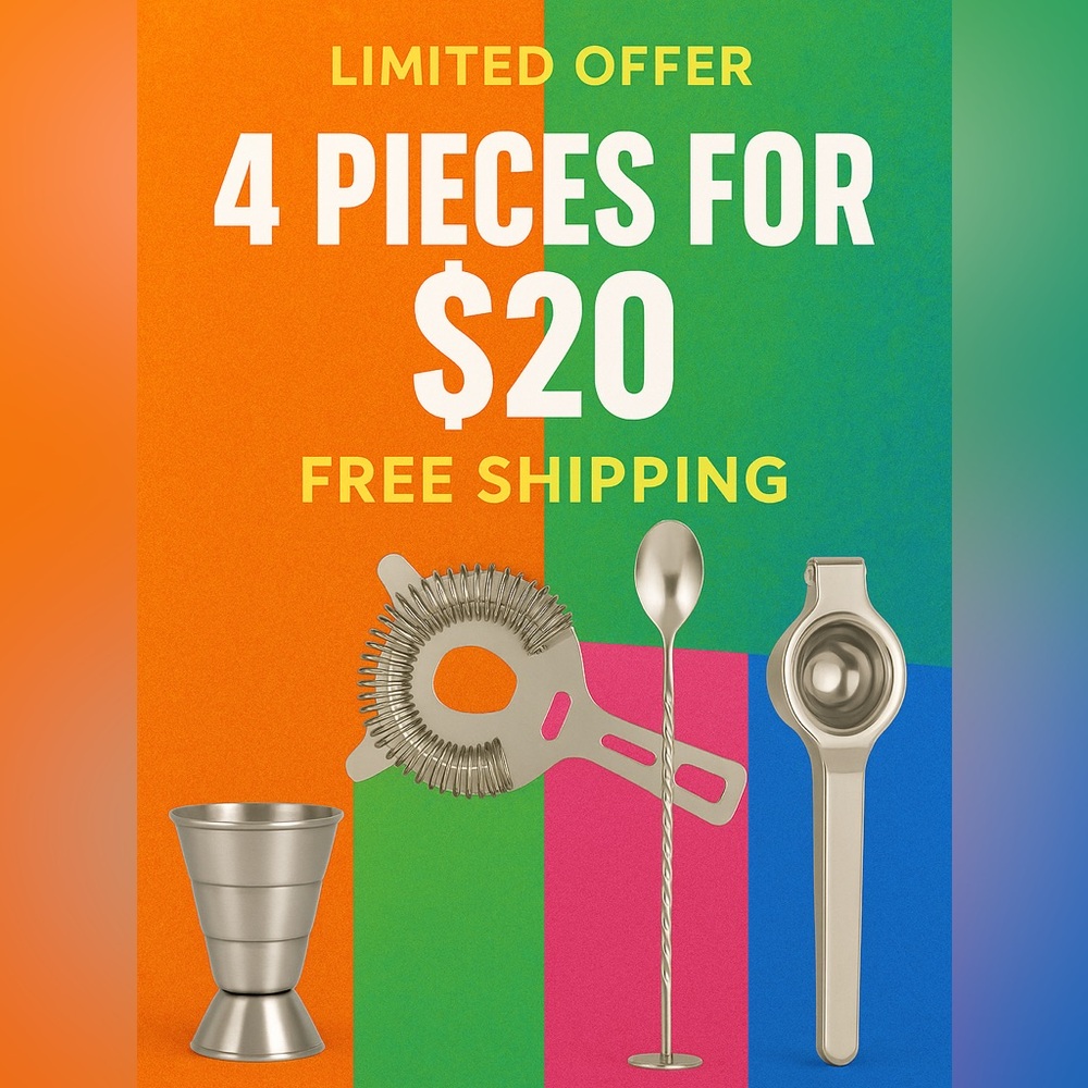 Stainless Steel Cocktail Kit - 4-Piece Set with Strainer, Jigger, Spoon